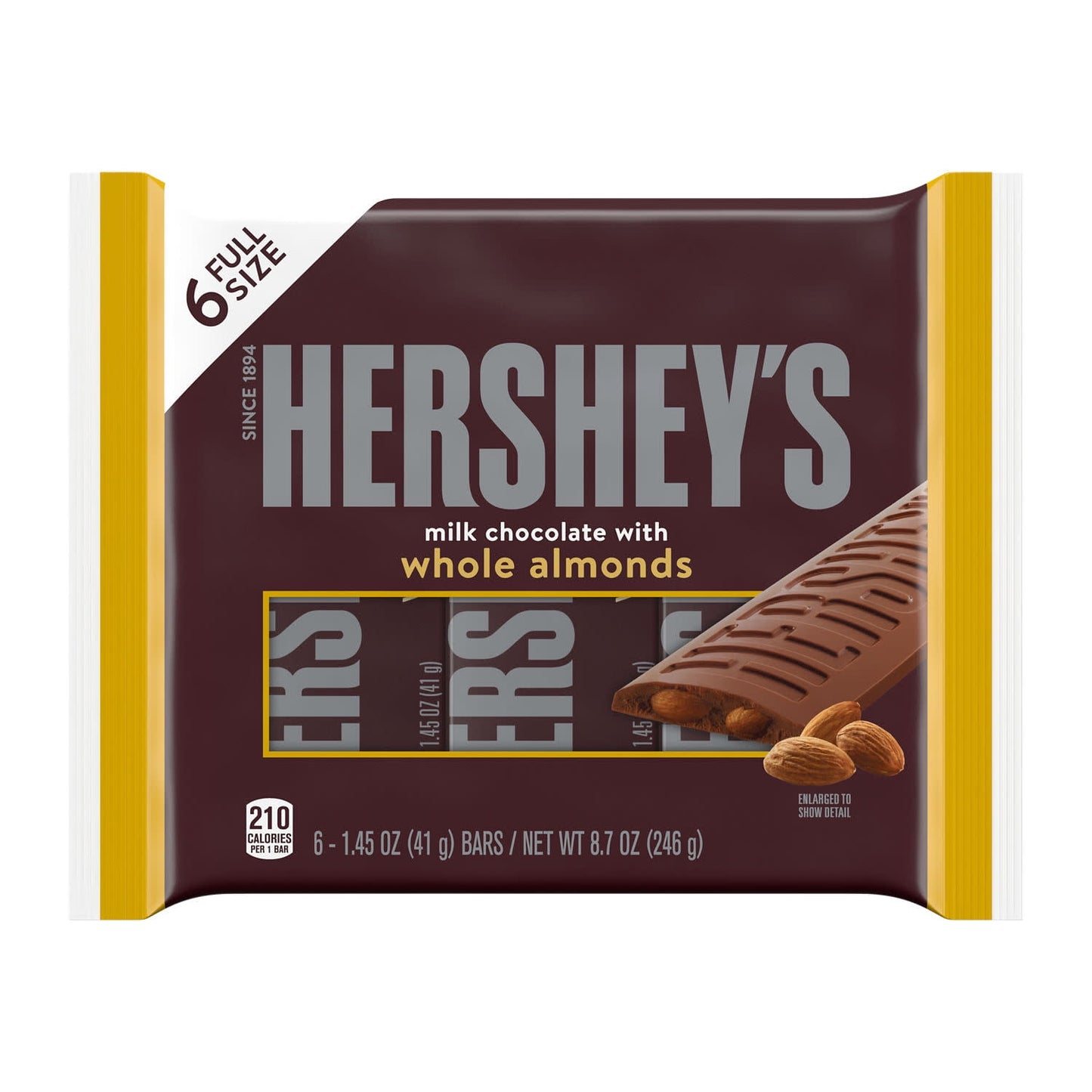 Hershey's Milk Chocolate with Whole Almonds Candy, Bars 1.45 oz, 6 Cou
