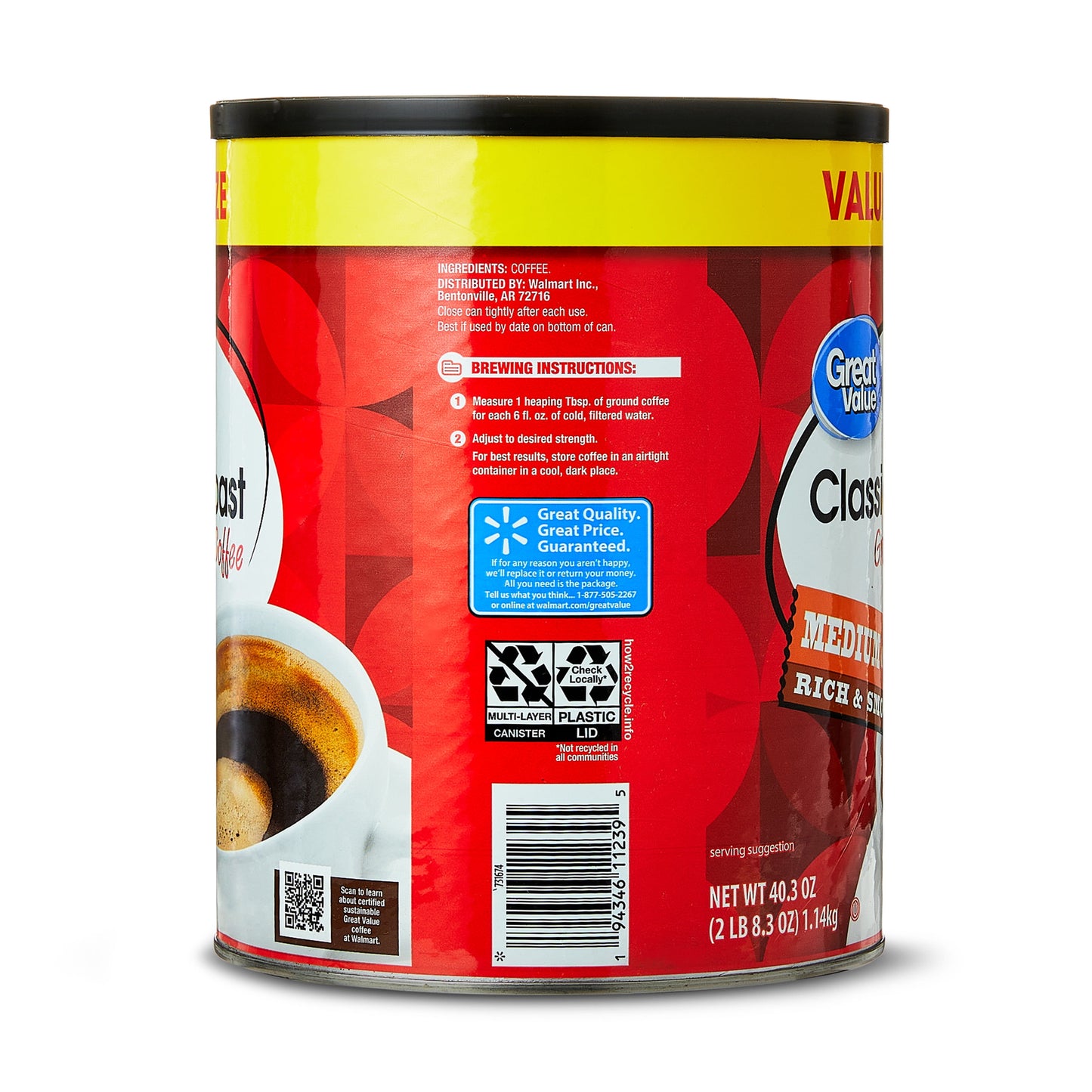 Great Value Classic Medium Roast Ground Naturally Caffeinated Coffee, 40.3 oz Cannister