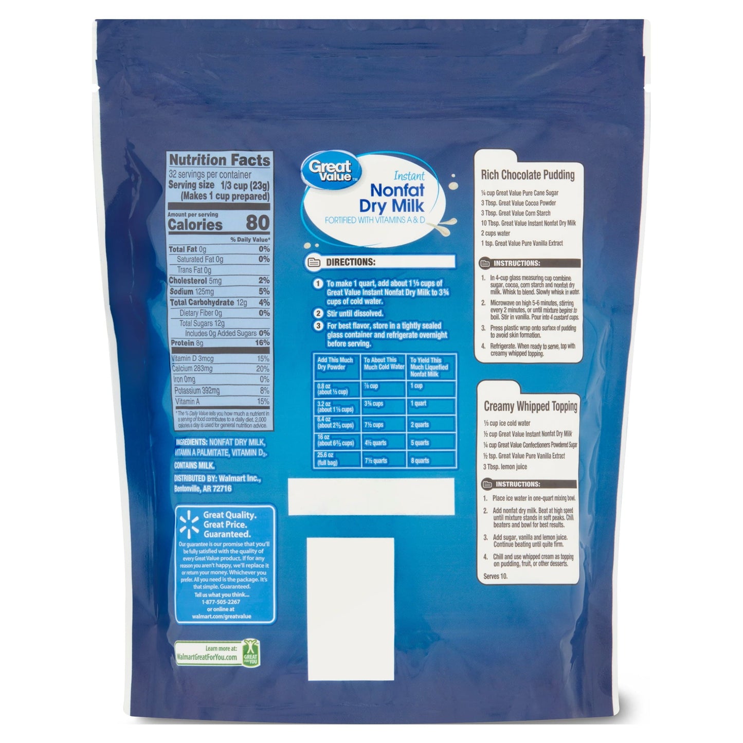 Great Value Instant Nonfat Dry Milk, 25.6 oz Bag