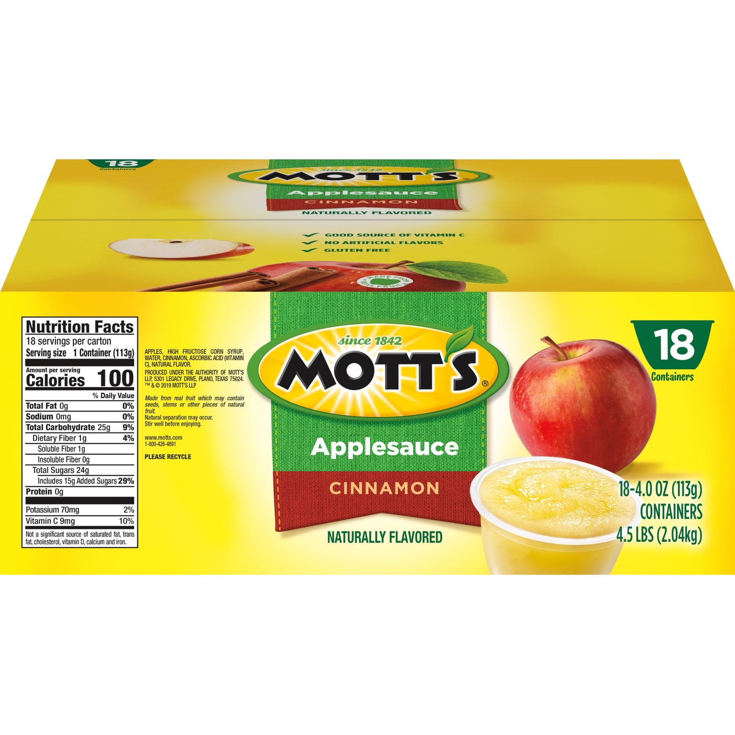 Mott's Cinnamon Applesauce, 4 Ounce Cups, 18 Count