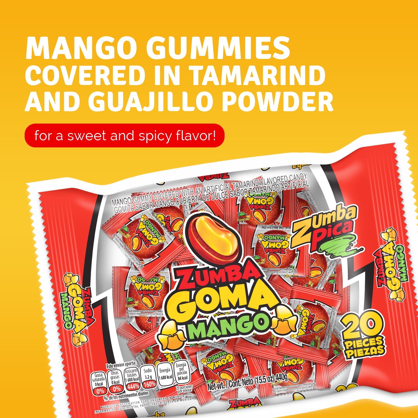 Zumba Pica Goma Mix Gummy Candy, Mexican Tamarind and Mango Candy, 20 Count