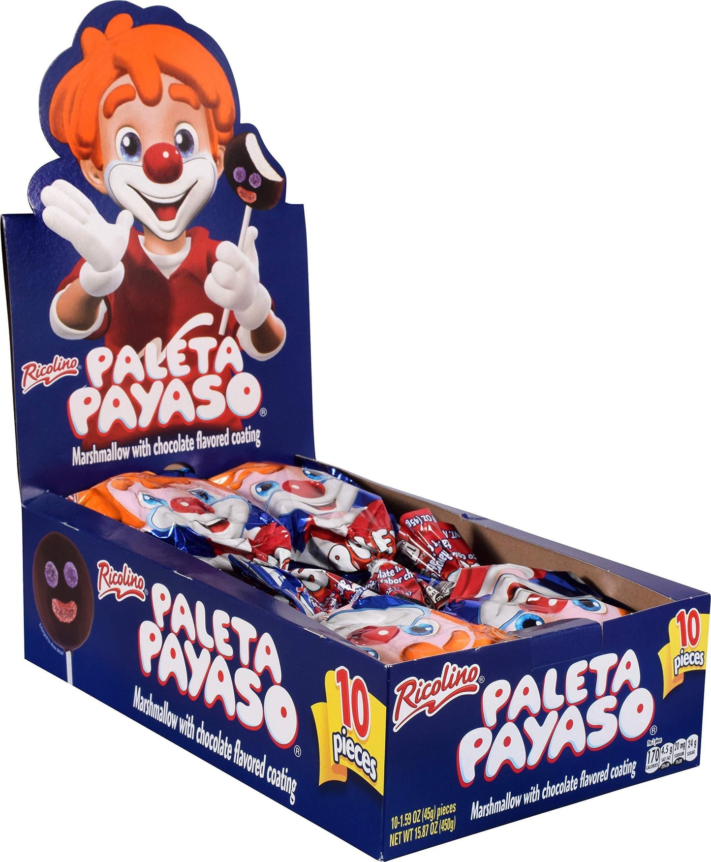 Ricolino Paleta Payaso Chocolate Marshmallow Lollipop, 10 Count Box