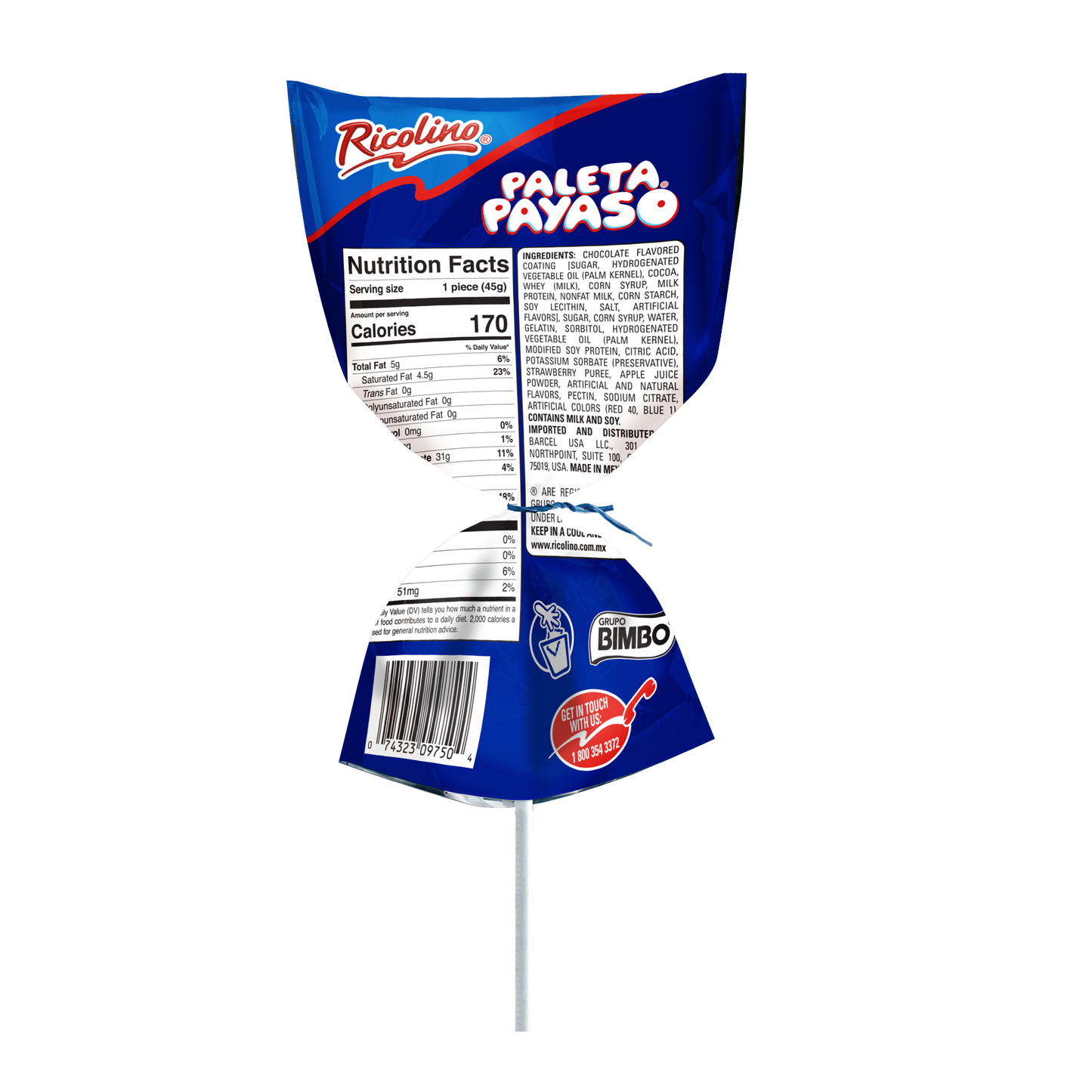 Ricolino Paleta Payaso Chocolate Marshmallow Lollipop, 10 Count Box