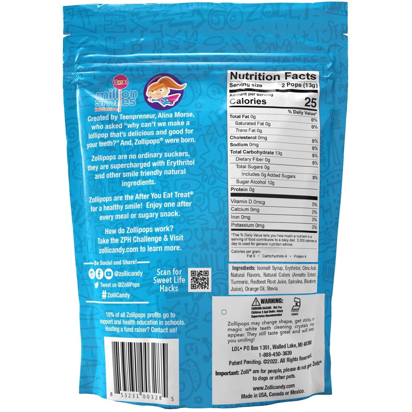 ZOLLIPOPS Lollipops, Sugar Free Candy, Allergen Free with Natural Fruit Flavor, Keto, Vegan 5.2 oz