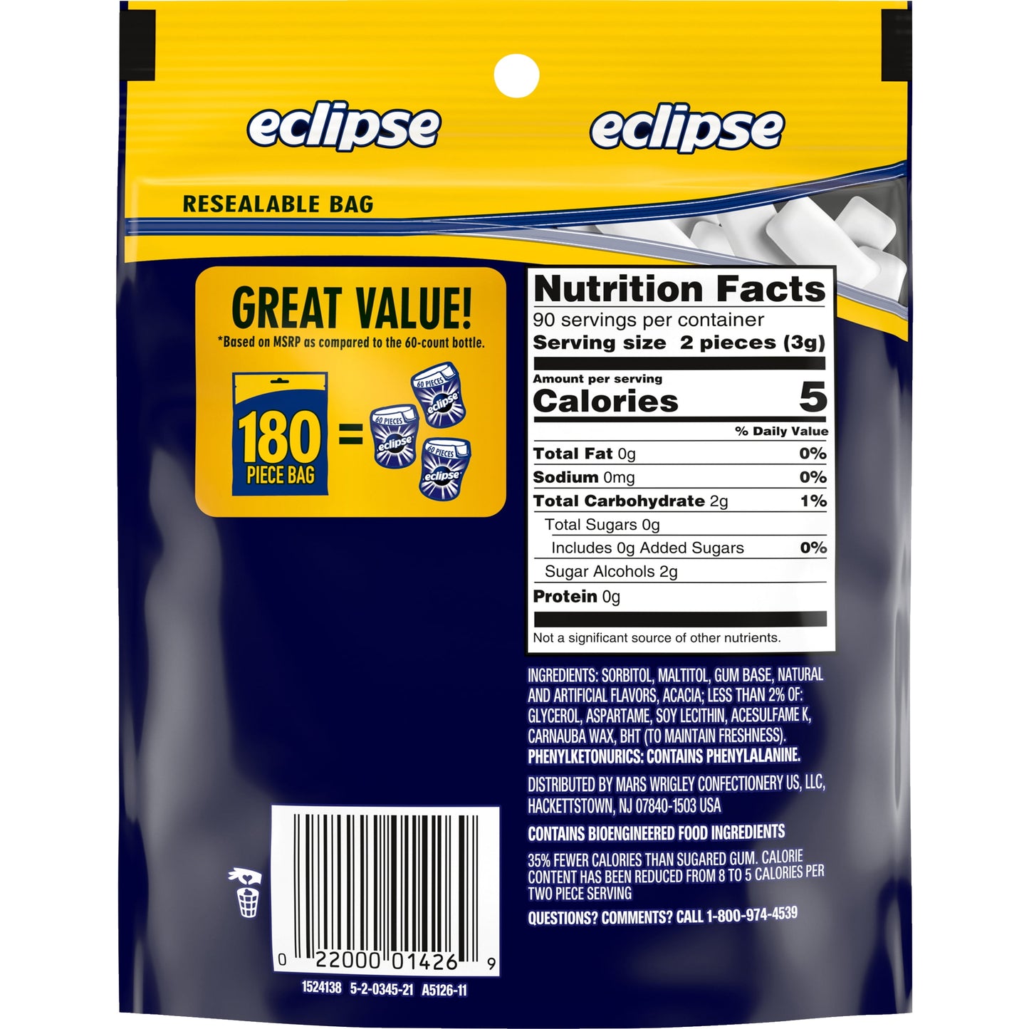 Eclipse Winterfrost Sugar Free Chewing Gum, Value Pack - 180 ct Bag