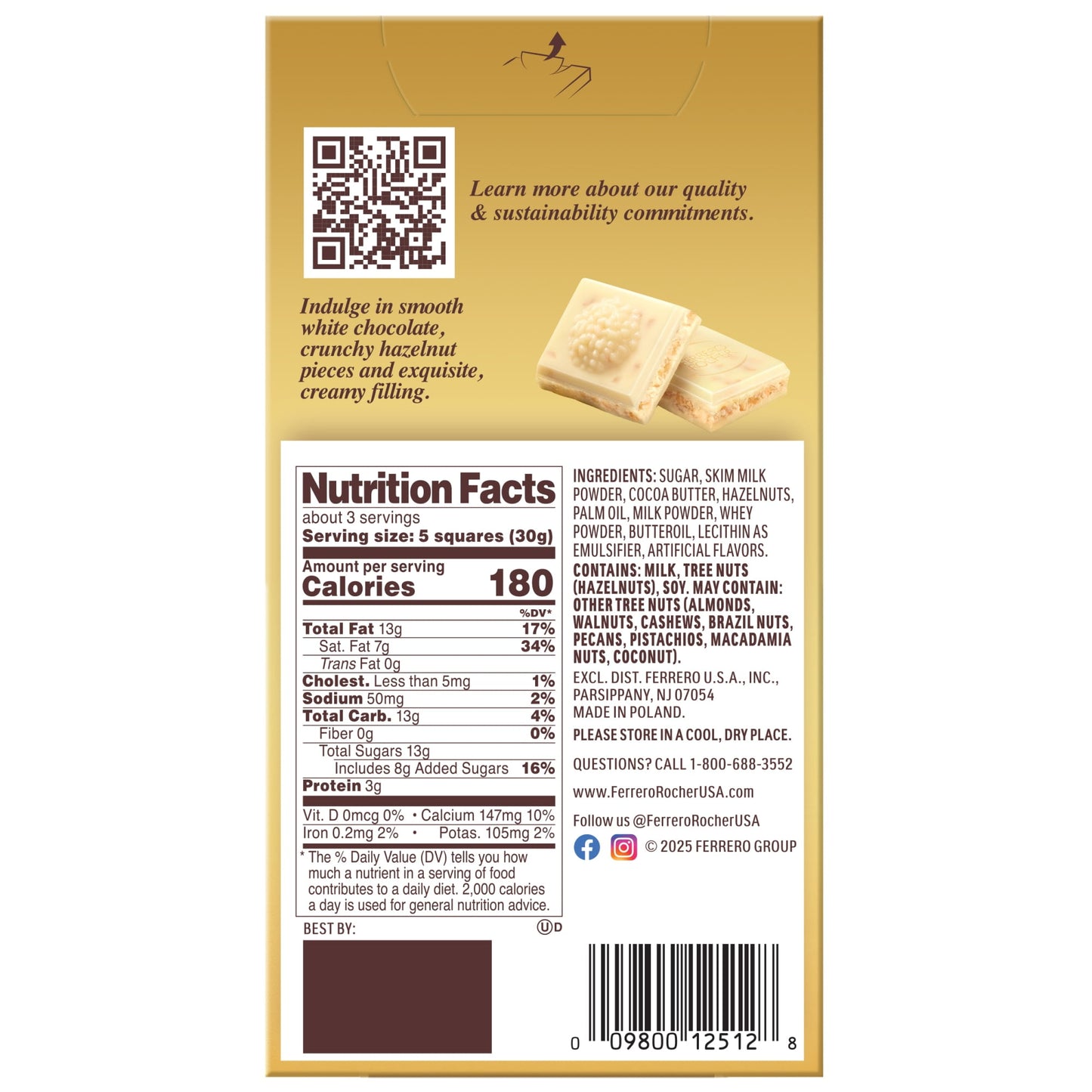 Ferrero Rocher premium chocolate bar, White Chocolate with Hazelnut Filling