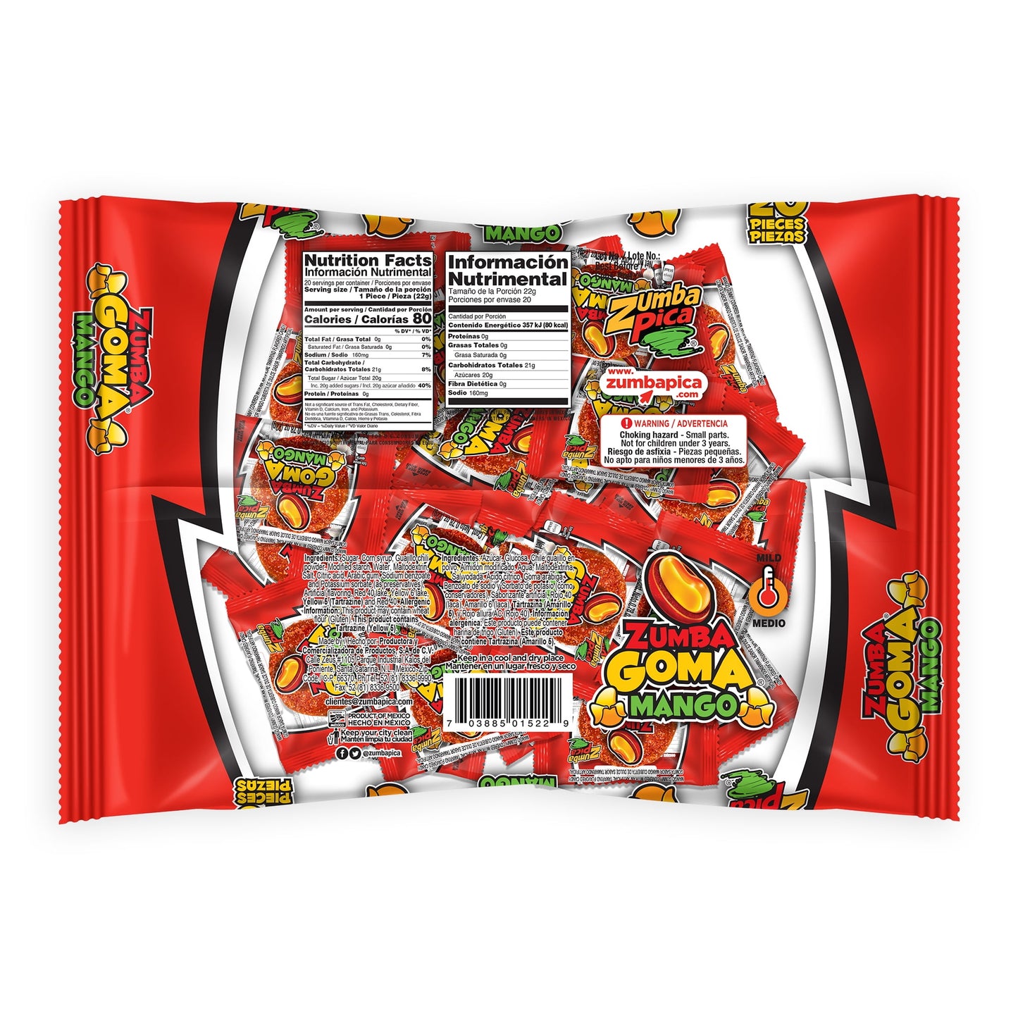 Zumba Pica Goma Mix Gummy Candy, Mexican Tamarind and Mango Candy, 20 Count