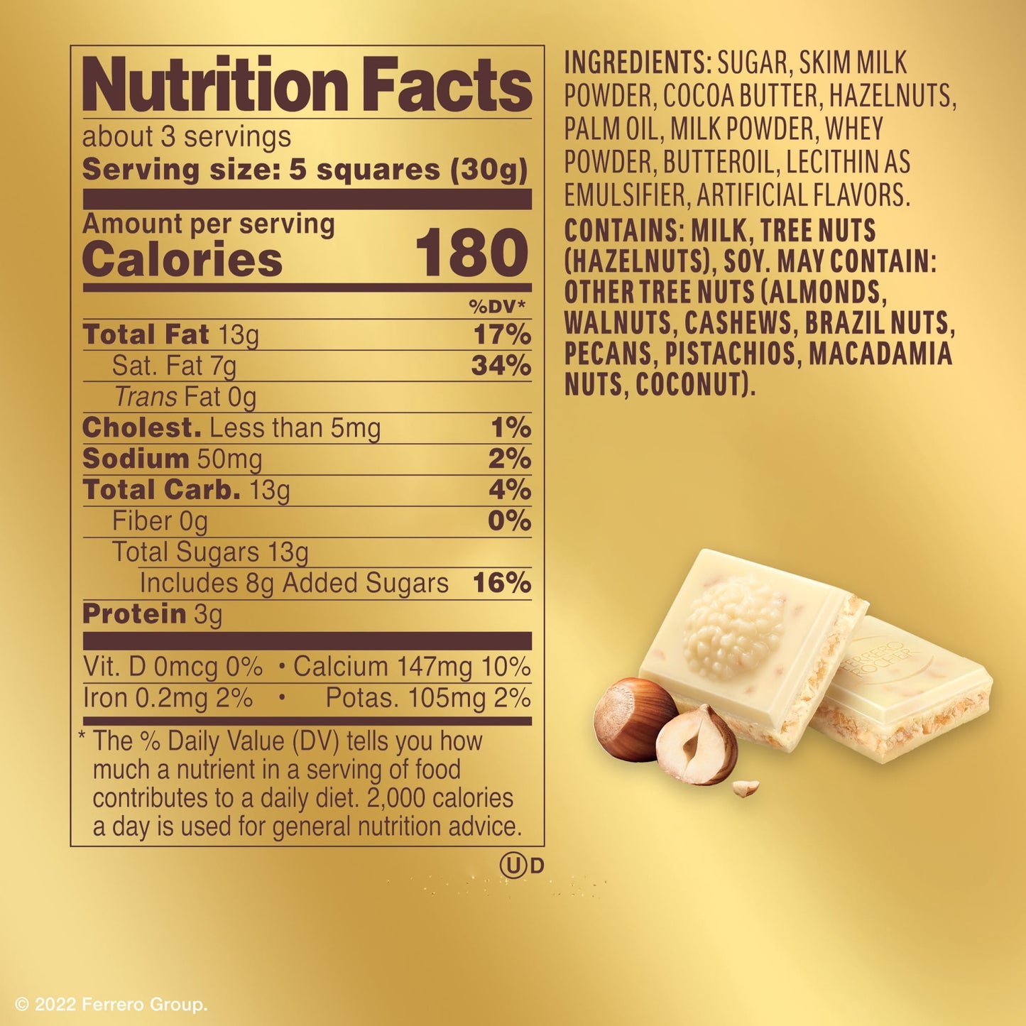 Ferrero Rocher premium chocolate bar, White Chocolate with Hazelnut Filling