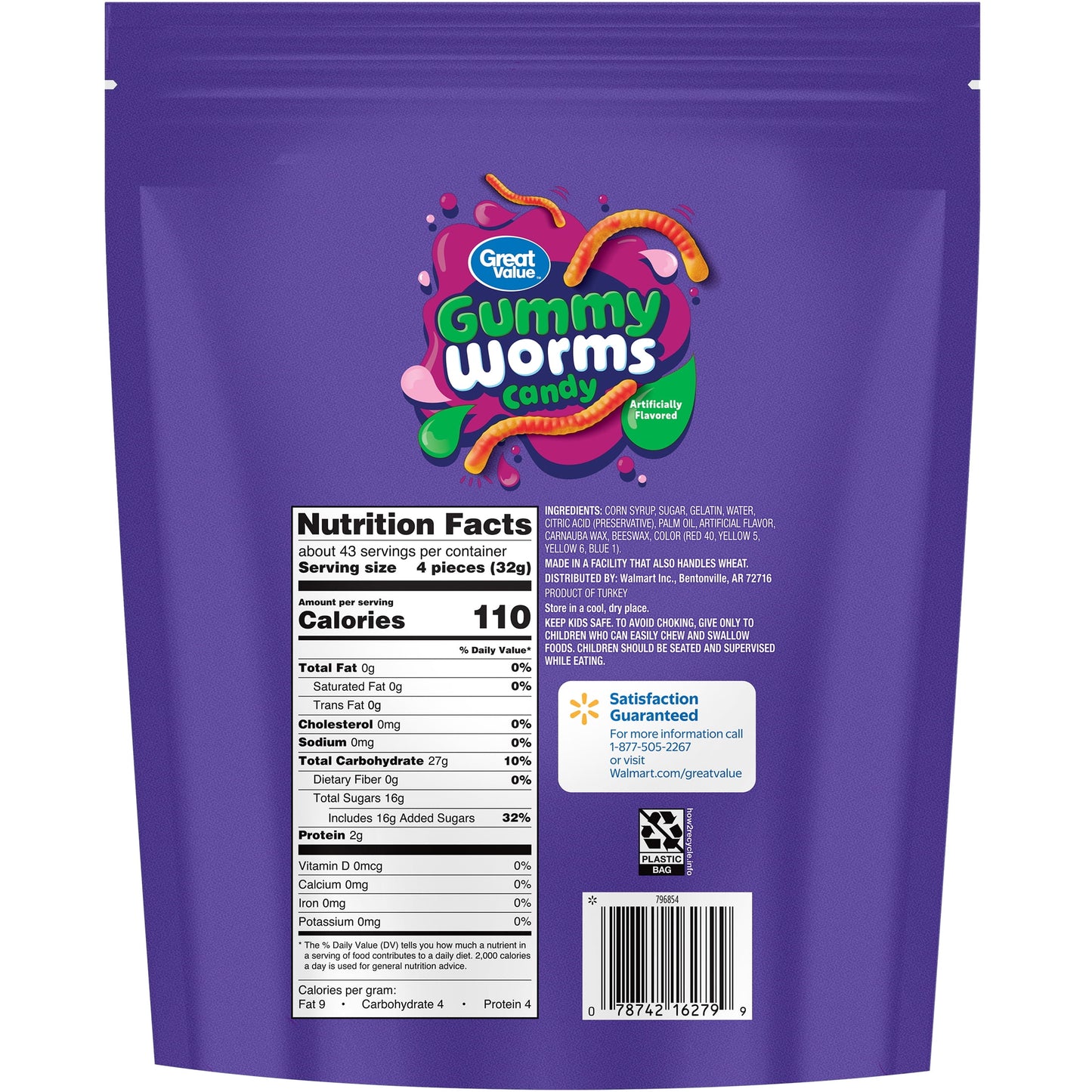 Great Value Gummy Worms Chewy Candy, 48 oz Bag