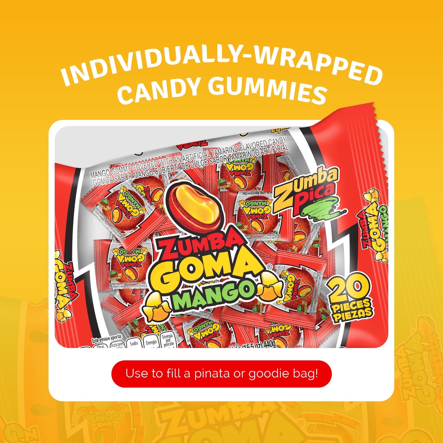 Zumba Pica Goma Mix Gummy Candy, Mexican Tamarind and Mango Candy, 20 Count