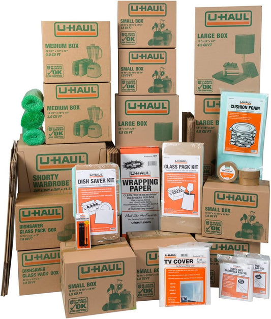 U-Haul Household Moving Kit - 36 Moving Boxes, 2 Wardrobe Boxes, 2 Dish and Glass Packing Kits, 2 Mattress Bags, Tape, and Assorted Supplies