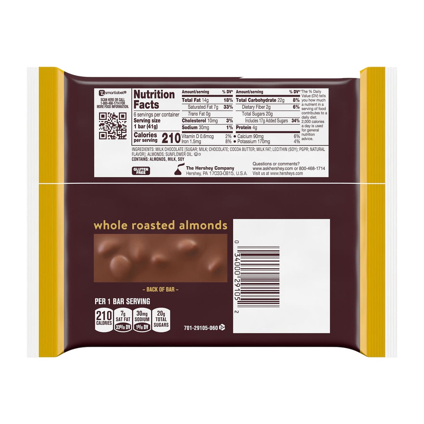 Hershey's Milk Chocolate with Whole Almonds Candy, Bars 1.45 oz, 6 Cou