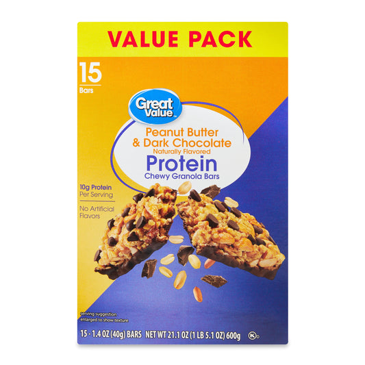 Great Value Peanut Butter and Dark Chocolate Protein Bars, 21.1 oz, 15