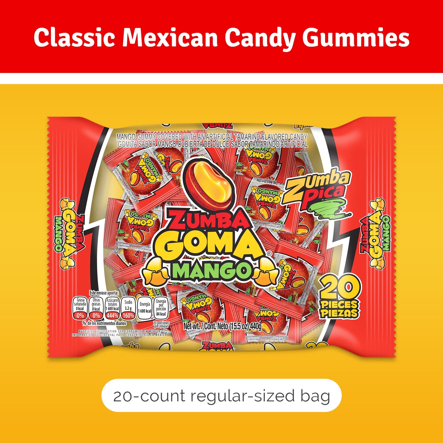 Zumba Pica Goma Mix Gummy Candy, Mexican Tamarind and Mango Candy, 20 Count
