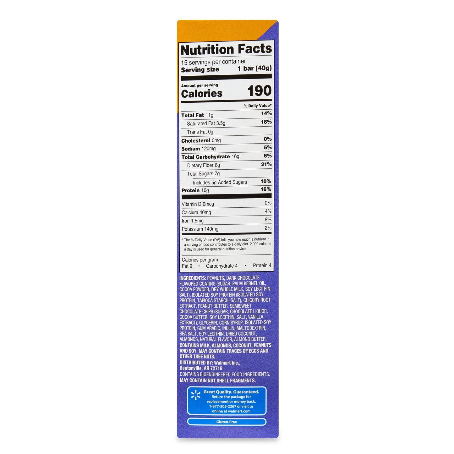 Great Value Peanut Butter and Dark Chocolate Protein Bars, 21.1 oz, 15