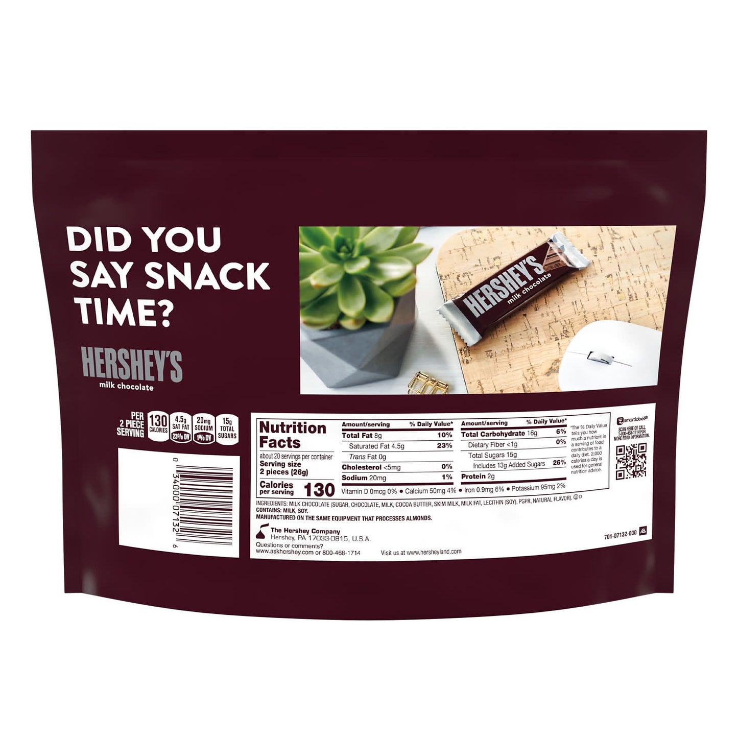 Hershey's Milk Chocolate Snack Size Candy, Jumbo Pack 18 oz